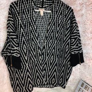 Chico’s Wool Sweater Chunky Knit Cardigan 3/4 Length Zip Black Medium